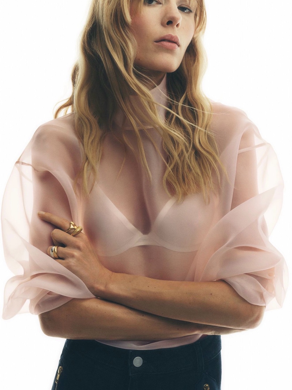 Maeve Sheer Organza Puff-Sleeve Blouse in Blush Pink